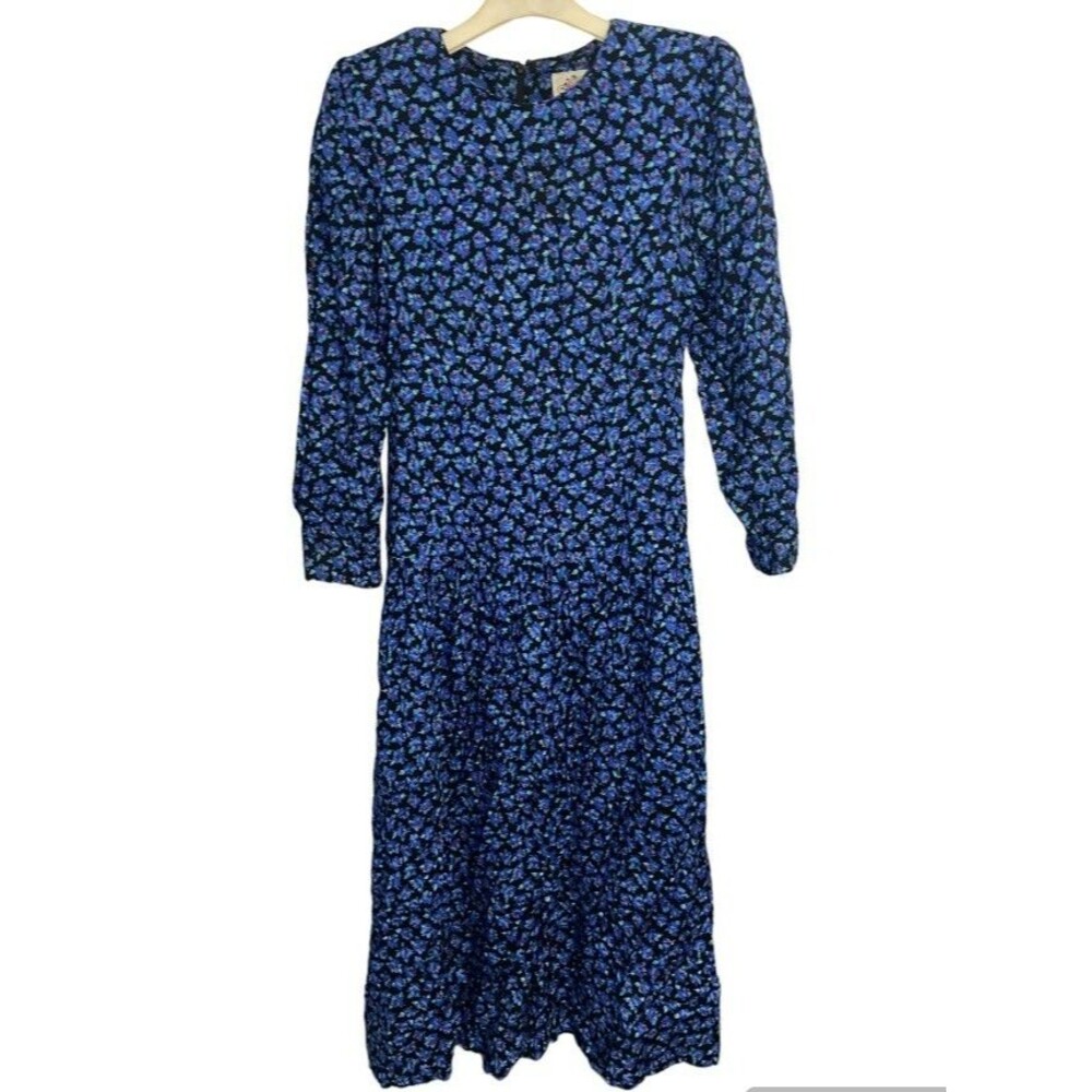 Vintage LANZ DRESS Women's 4 Peasant Cottagecore Prairie Deep Blue Floral 70s